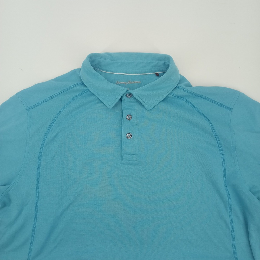 Tommy Bahama Mens XL Blue Short Sleeve‎ Polo Shirt Marlin Logo Polyester Rayon
